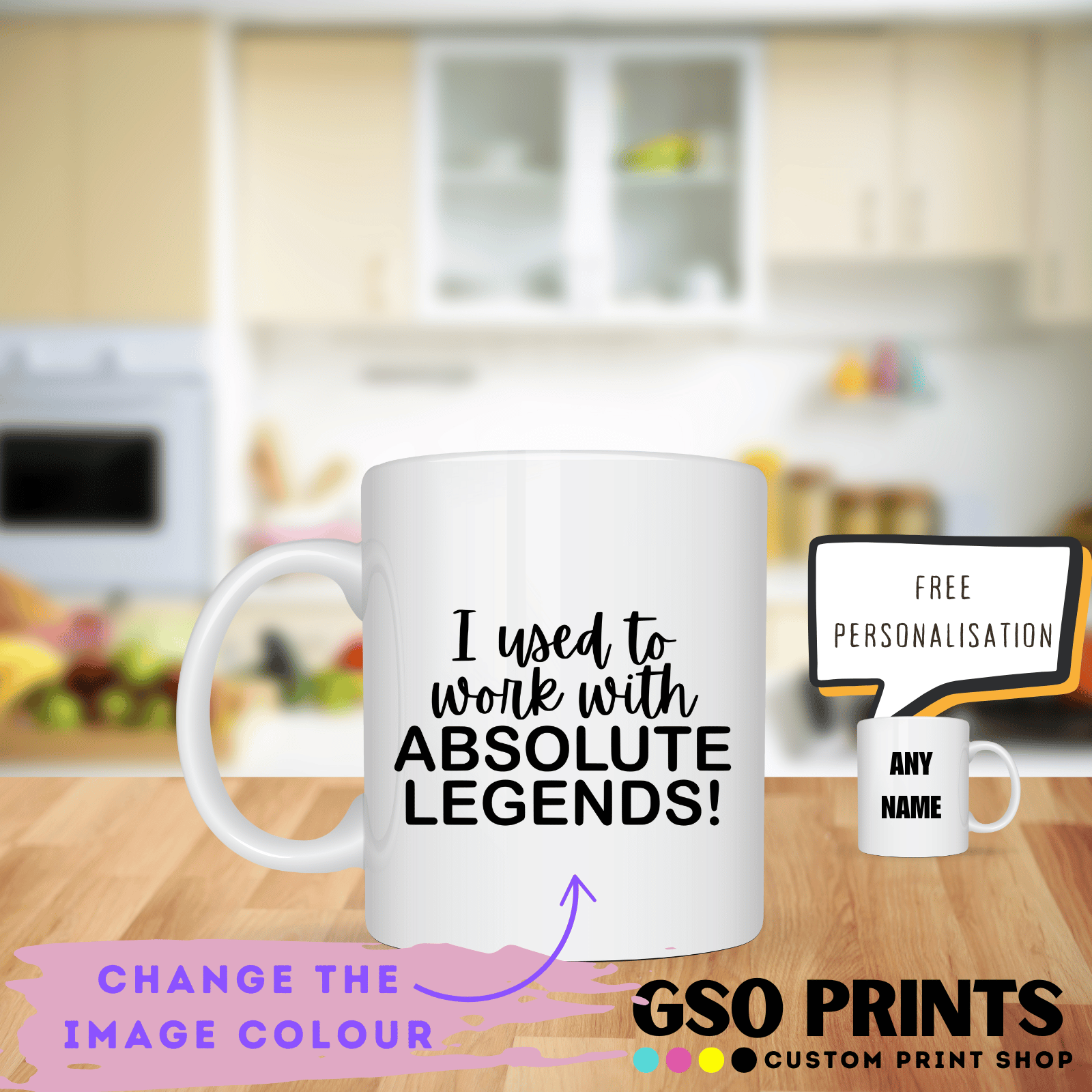 White mug with text 'I used to work with absolute legends!' on a kitchen counter.