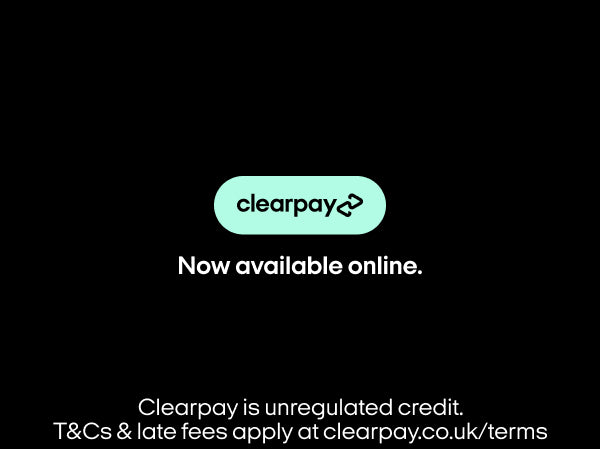 Clearpay logo on a black background with text about availability online.