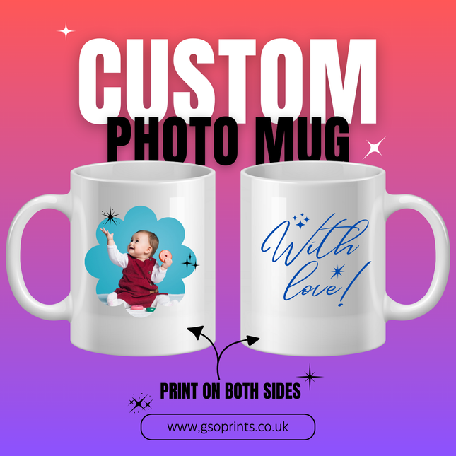 White ceramic custom photo mug, showing a baby photo in a blue cloud design on one side and blue "With love!" script text on the reverse, illustrating the print on both sides feature from gsoprints.co.uk.