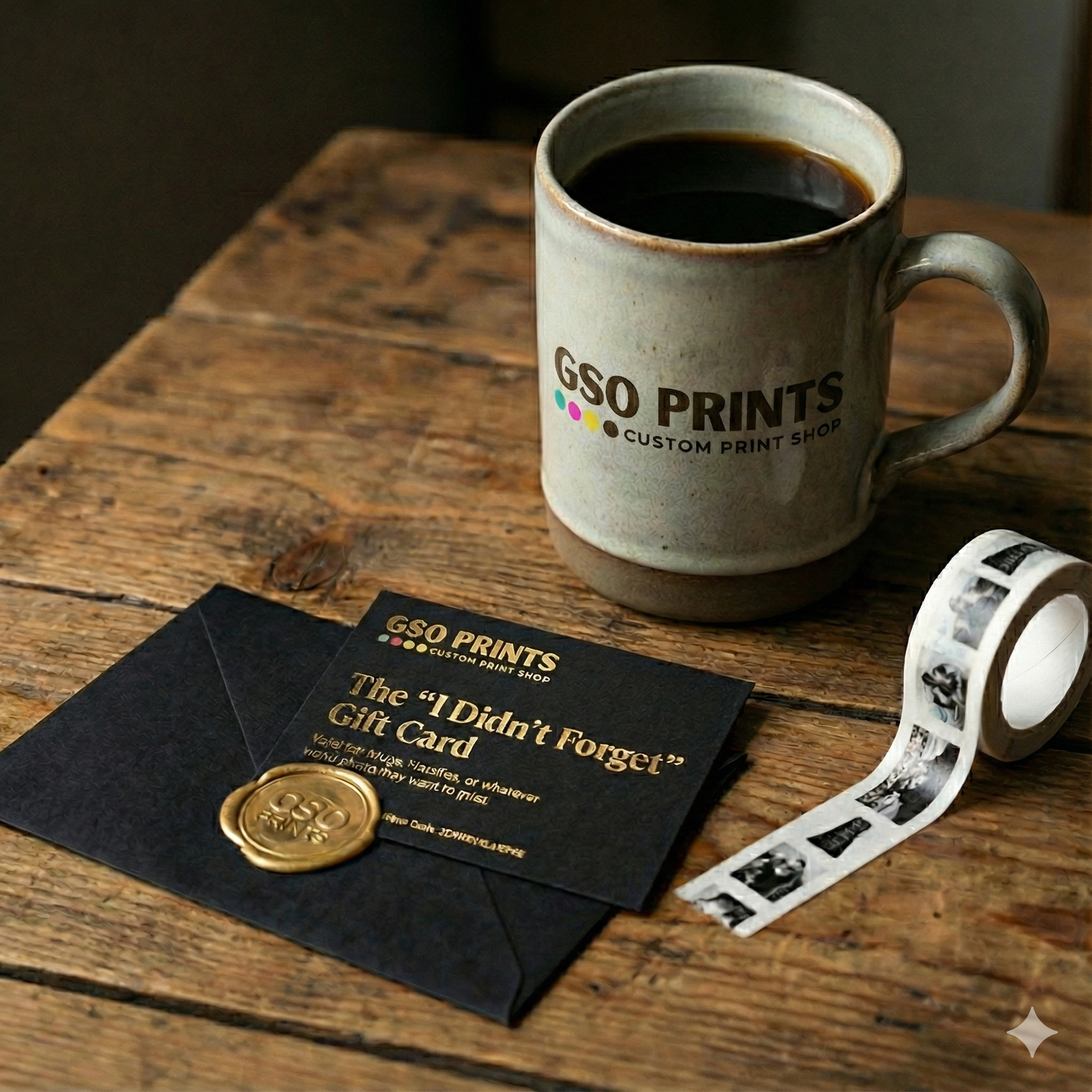 GSO Prints mug, gift card, and roll of film on a wooden surface