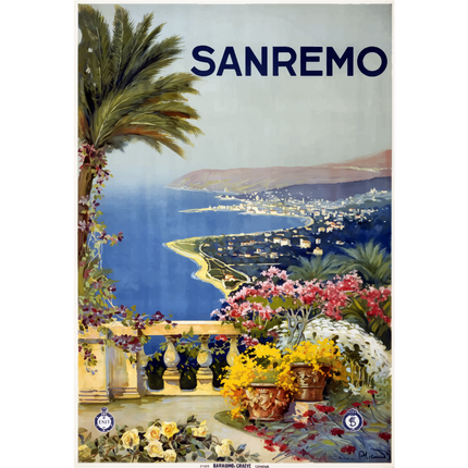 Vintage-style poster of Sanremo with scenic view, flowers, and palm tree.